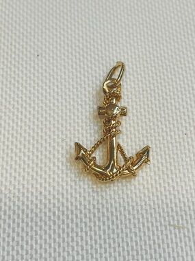 14K Yellow Gold 3D Textured Solid Anchor with Rope Charm Pendant